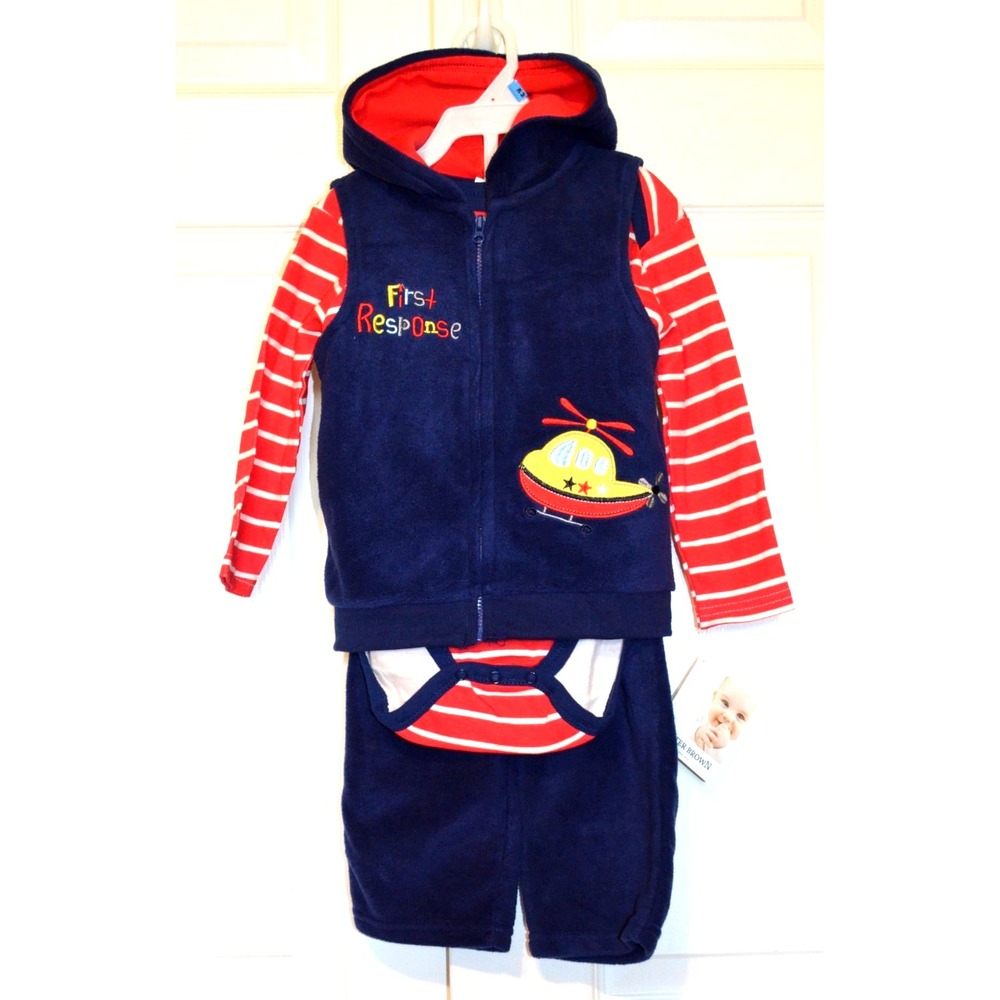 Buster Brown 3-Pc Boys Outfit Size 24M Hoodie Vest Pants Long Sleeve Snap Leg‎